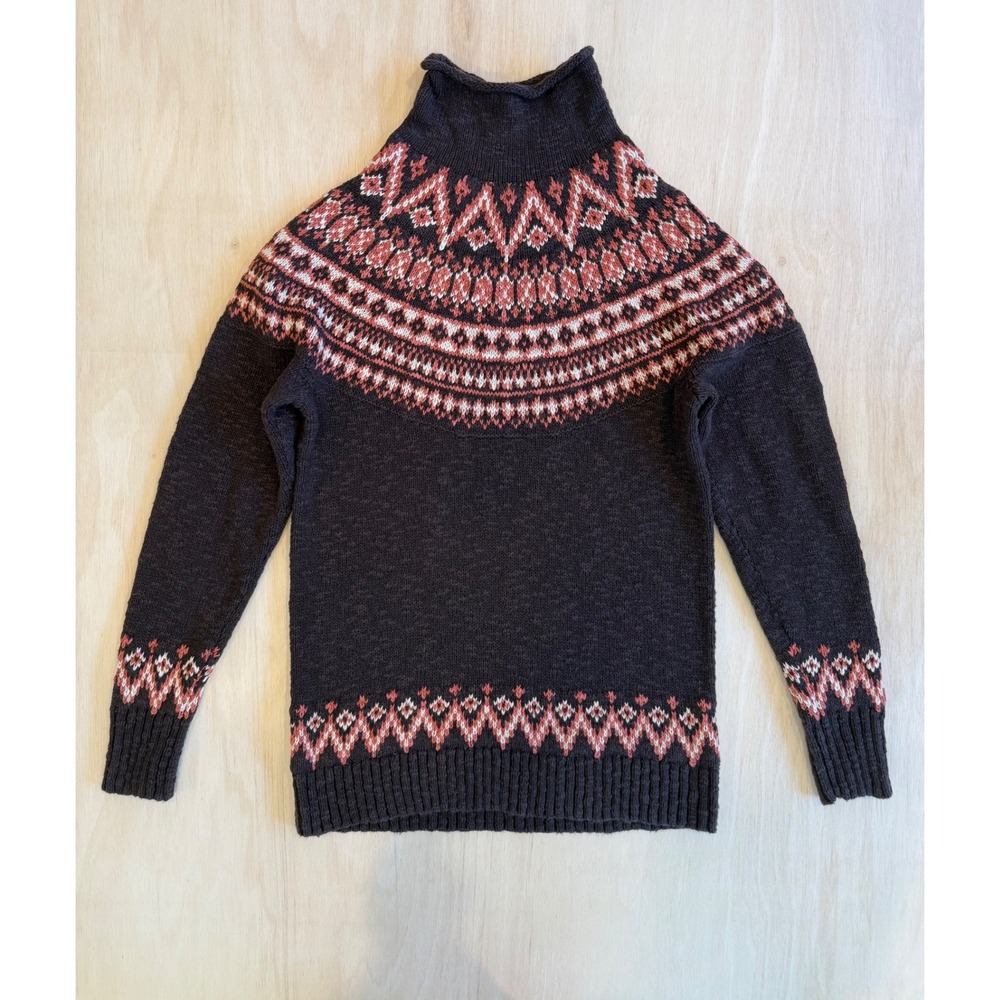 L.L. Bean Women Small Fair Isle Turtleneck Sweater Cotton Brown Coral 510902